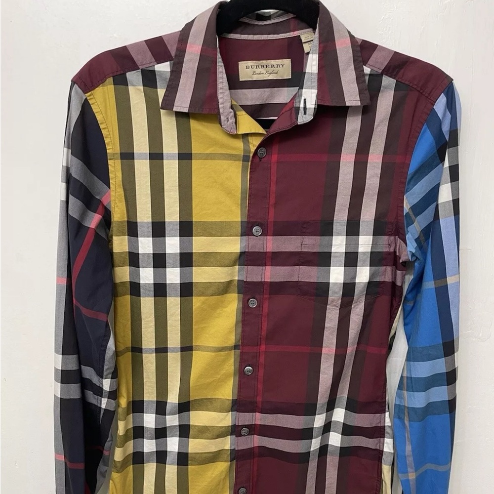 Burberry London Mens Multi Stretch Plaid Button Down Long Sleeve Shirt size XS